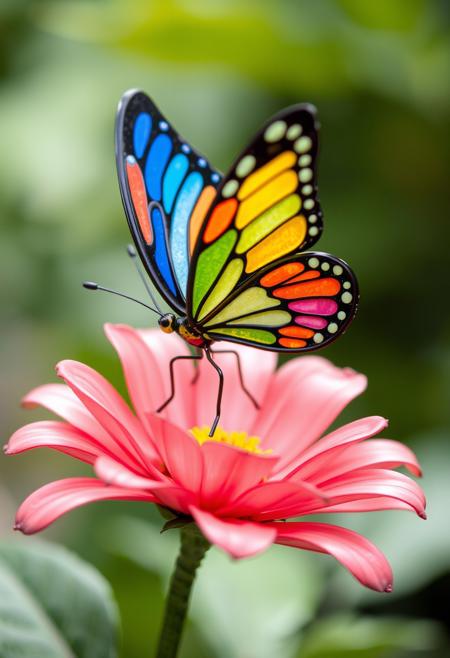 beautful and colorful tainted glass butterfly standing on a metal flower
