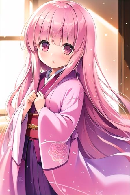 (1girl), masterpiece, best quality, absurdres, cute, extremely detailed face, perfect lighting, <lora:model-RO_KYU_BU-Hakamada_Hinata:0.8>, hakamada hinata, very long hair, pink hair, :o, kimono