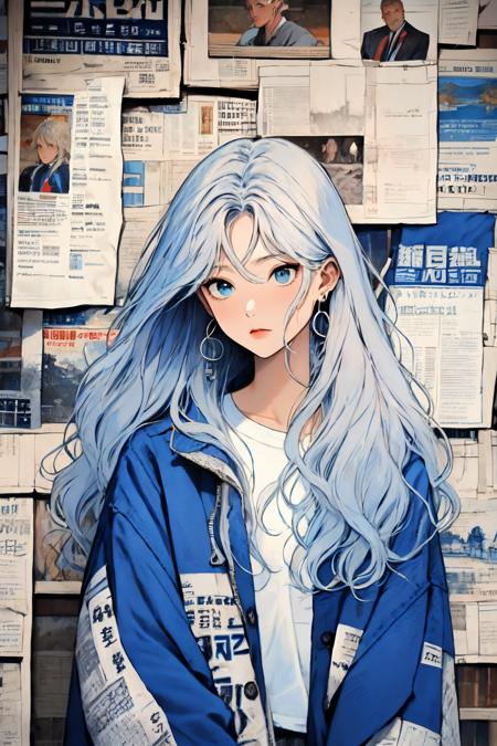 newspaper wall, looking at viewer, blue eyes, white shirt, solo, shirt, earrings, upper body, grey hair, jewelry, 1girl, print shirt, blue jacket, long hair<lora:newspaper_wall:1>