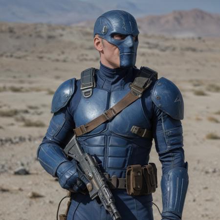 a close up of a man with a gun, cable, realistically proportioned head, dark blue leather armor, inspired by Paul Pelletier, solo male weary soldier, hydra, official photo, the price of ncr, full length character, anorexic, in a wasteland