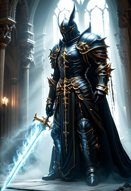 A dark and imposing figure stands in a majestic and dimly lit cathedral. The figure is clad in elaborate black Gothic armor adorned with gold-plated crosses and chains, holding a large sword in his hand (A white and black double-bladed sword with an ominous aura), giving off a religious yet sinister impression. His helmet is tall, almost bishop-like, with a faceless visor that does not reflect light, adding to the air of mystery. The figure holds a menacing staff, with a design of a spiked circular cross on top, which looks both ceremonial and like a weapon. The details of his armor include ornate carvings and mechanical components, blending medieval design with a futuristic, almost steampunk aesthetic. The atmosphere is solemn, with the dim, ethereal light from the cathedral's tall windows casting a cold glow on the dark figures, emphasizing the contrast between the shadows and the metallic details. <lora:Magic_of_Art_(FLUX).safetensors:1.0>, <lora:BeautyInEvilFlux.safetensors:0.75>,