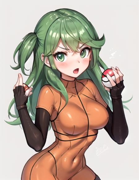 <lora:DPAce:0.7> DPAce, 1girl, solo, breasts, looking at viewer, blush, open mouth, bangs, simple background, gloves, white background, holding, green eyes, elbow gloves, fingerless gloves, bodysuit, green background, poke ball, poke ball (basic), holding poke ball