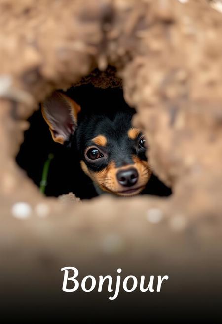 Miniature Pinscher in a burrow, Shy Miniature Pinscher. The miniature Pinscher is barely visible, only his head are partially out of the burrow, Text:"Bonjour"