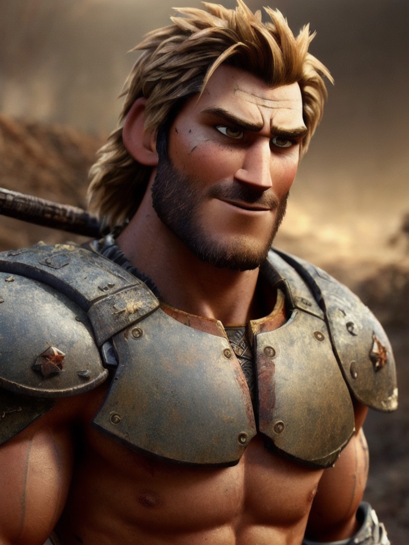 ((pixarstyle)) a waist-length portrait of a spartan male, warrior, dirt, scars, grunge, bare chest, natural skin texture, ...