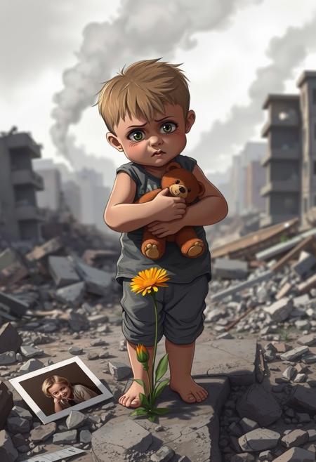Illustrated image, digital art style
A tearful child,  clutches a worn teddy bear tightly, standing alone in the rubble of a war-torn city. Soft natural lighting highlights the child's expression of fear and confusion. The background shows collapsed buildings, smoke rising in the distance. A single flower grows through the debris near the child's bare feet. The child's clothes are tattered and dirty. A discarded family photo lies partially visible in the rubble nearby. The sky is a somber gray. Captured with a high-end digital camera, shallow depth of field focusing on the child's eyes, high detail and resolution, muted color palette except for the bright flower and the child's eyes. Photojournalistic style, emotional impact, raw and unposed.