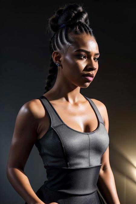sunny, 30 yo woman,
simple background,
thick winged eyeliner, dark smokey eyeshadow, hair in braided mohawk,
movement pose,
bodycon dresss,
a documentary photography photo with a Sony A7III, by Khadija Saye,
((Chiaroscuro, soft fill lighting, dramatic rim lighting, dutch angle)), cinematic color grading, depth of field,
<lora:3DMM_V12:0.5> <lora:skinny_new_skin:0.4> <lora:tangbohu-detailmaker_v2.5:1> <lora:sunny_v01:0.9>