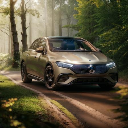 Commercial photograph of an EQE Sedan Mercedes traversing forest, lush, green, golden hour, cinematic, 4k, volumetric lighting <lora:MercedesEVs-05:1>, (good composition), (in frame), centered, 8k, 4k, detailed, attractive, beautiful, impressive, photorealistic, realistic, cinematic composition, volumetric lighting, high-resolution, vivid, detailed, stunning, professional, lifelike, crisp, flawless, DSLR, 4k, 8k, 16k, 1024, 2048, 4096, detailed, sharp, best quality, high quality, highres, absurdres