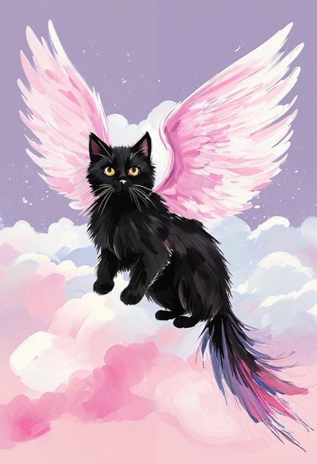 rating_safe, breathtaking detailed, masterpiece, absurdres, awe-inspiring, best quality, vibrant colors, panterly coal, a majestic black cat with angelic white wings, flying through a dreamy sky filled with soft, painterly clouds, BREAK, the wings are rendered with (feathered brush texture), and the catâs fur features [charcoal outline] and expressive thick brush strokes, BREAK, subtle (visible texture) on the body and wings evokes a painted surface, BREAK, the sky is filled with swirling pink and violet tones under [natural light], creating a calm yet dramatic mood, BREAK, the composition blends artistic realism with a surreal, floating atmosphere, soft structure throughout  <lora:sdxl_ta86artstyle_charcoal_brush.safetensors:1.0:1.0>