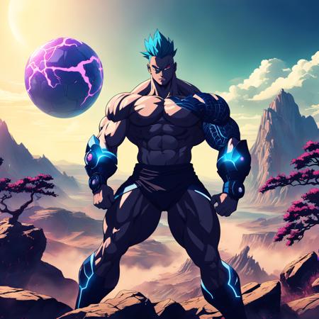 anime shot of a muscular man dressed like cyber goku, cyberpunk dragonball style fighting in a majestic landscape, energy flowing, caustics