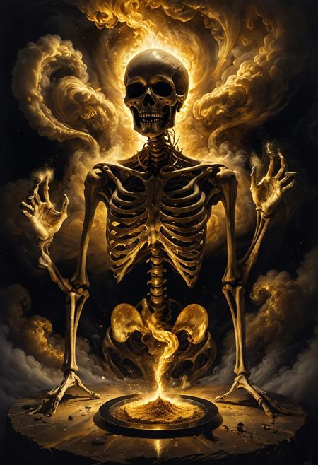 Masterpiece, Very detailed, High resolution, great details, Highest quality, Good shadows, Counter shading, Realistic lighting,
An abstract artistic representation of Death as a surreal figure dissolving into a cloud of smoke and gold dust, skeletal hands emerging from a swirl of darkness, hourglasses floating in the air, soft glowing embers, dramatic chiaroscuro lighting, fine art style, haunting and beautiful, 8k detail