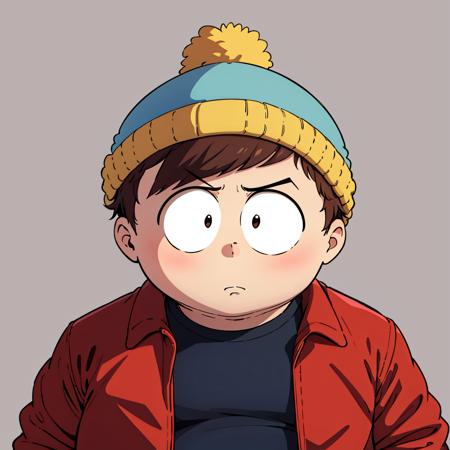 1boy, solo,   Eric Cartman,  short hair,  brown hair, 1boy, hat,  black eyes, red jacket, closed jacket, blue beanie, fat, child,