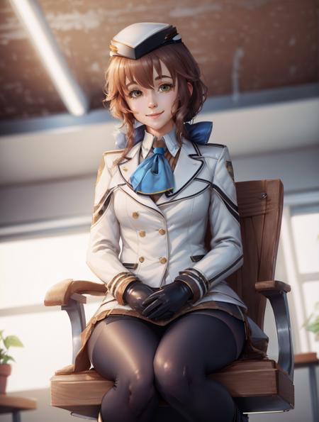 masterpiece, ultra high quality cg, best quality, towa herschel, hat, blue ascot, white jacket, white skirt, black stockings, black gloves, sitting, big chair, office, closed mouth smile