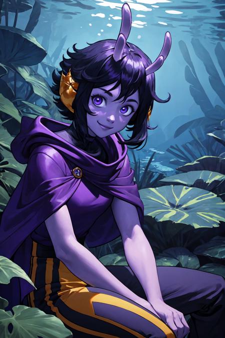 (masterpiece, best quality), outdoors, underwater, cowboy shot, 1girl, solo, NerriOrisghost, colored skin, purple skin, purple eyes, short hair, <lora:NerriOrisghost_V1-Manityro:1>, smile, looking at viewer, purple shirt, purple cloak, pants, sitting, biceps