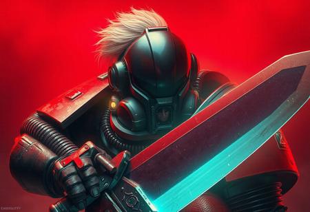 A Morphtronic Boomboxen wielding the Sword of Soul, paired with a captivating art portrait of a space marine, adorned with vivid godrays, gaining traction on Pinterest. This bright design, with its striking red hue, features a blond male and a grotesque, sentient meatloaf. The opaque visor, a nod to Warhammer 40K, exudes an ominous aura, while the detailed facial features, clothing, and harmonious colors create a striking masterpiece. Boosted by the power of Unreal Engine 5, Octane Render, and the Raphael style, this artwork conveys vivid emotions, a joyful impact, and a powerful message. All eyes are on this trending artwork on Artstation and CGSociety, with its smooth gradients, high contrast, and cinematic lighting. Available in 8K and HD resolution for a mesmerizing viewing experience.