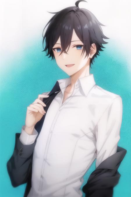 <lora:MiyamuraIzumi_LoRA-10:0.6>,1boy,black hair,male focus,solo,hair between eyes,blue eyes,(white shirt),upper body,white background,big_smile,