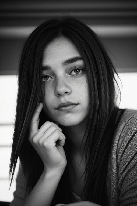 The image portrays a young woman with long, dark hair holding a vintage camera close to her face, partially obscuring one of her eyes. She gazes directly into the lens with an intense, thoughtful expression. The photograph has a distinct cinematic and nostalgic aesthetic, with soft lighting, a grainy texture, and subtle color grading that gives it a vintage, film-like quality.
Subject and Composition
The subject's face is positioned slightly off-center, drawing immediate attention to her sharp and expressive features. Her dark, well-defined eyebrows frame her deep-set eyes, which are slightly shadowed, adding to the introspective mood of the image. Her lips, which are slightly parted and tinted a natural red, contrast subtly with her smooth, pale skin. Strands of hair fall loosely across her face, reinforcing the unposed, organic nature of the portrait. sexy,
The camera she holds is an older model, silver and black with a rounded lens, possibly a vintage point-and-shoot film camera. Its reflective surface catches some light, making it a noticeable focal point. Her fingers gently rest on the camera's body, showcasing her relaxed grip, suggesting familiarity and comfort with the device. The camera partially obscures her left eye, creating an artistic and symbolic interplay between the act of capturing an image and being observed.