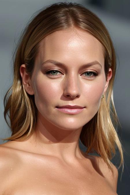 (CR-B3ckiNewton-summer4love263:0.9), full color (face closeup:1.0) photo of woman, grey background, (slick hair:1), (oiled shiny skin:1.0),