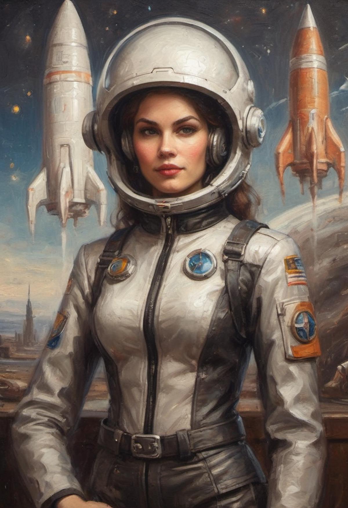oil painting portrait female space ship captain baroque-style uniform retro-futurism sleek leather and chrome haughty and ...