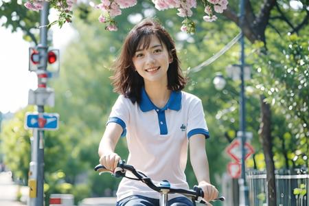 4k,high-res,masterpiece,best quality,sharp focus,(cinematic lighting),soft lighting,Depth of field,
The middle school campus belle riding a bike down a street next to a tree filled sidewalk with a basket on the front,fix,white shirt with blue collar,flying short hair,bright smile,(young face:1.5),
<lora:FilmG2:1> <lora:white shirt with blue collar:0.5> <lora:faceA-05:0.4>,