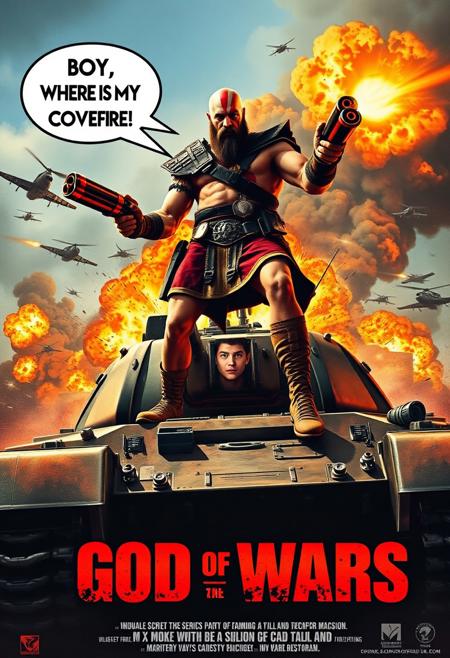 Create a fake B-Movie VHS cover art of a movie called (God of Wars), the cover features Kratos from God of War series in modern times, he is standing on to of a WW2 tank while wearing a military vest and dog tags on top of his traditional garb and carring two rocket launchers one on esch shoulder and ahooting them in the air, he is shouting in a shout bubble (BOY, WHERE IS MY COVER FIRE!), the nervous eyes of a young man can be seen through a slit in the from of the tank, his tank is surrounded by masive ridiclious explosions and enemy jets and helicopters in the air, dramatic lighting, the cover gives 80s vibes with slightly washed out colors and is despite its silliness very well rendered and extremely detailed.