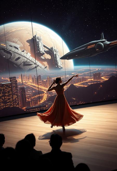 immaculately detailed realistic ultra quality image of a beautiful elegant female dancer is dancing on a futuristic stage micro-LED lighted, the dancer is the focus of the image, every detail of her dress and body are fully visible, the height of the image, behind the dancer on the stage is an enormous seamless and futuristic wall to wall and floor to ceiling window that looks out at a the planet's surface covered with the lights of enormous buildings and cities, An enormous deco starship with futuristic lighting and an enormous space station are visible in the background among the stars, Artistic art deco, dynamic perspective, (((overall architectural aesthetic is Art Deco Cyberpunk))).  Epic image that elicits a feeling of romanticism, wonder, and awe, the silhouette of the audience can be seen in the foreground that show the enormous scale of the stage and seamless window behind it,