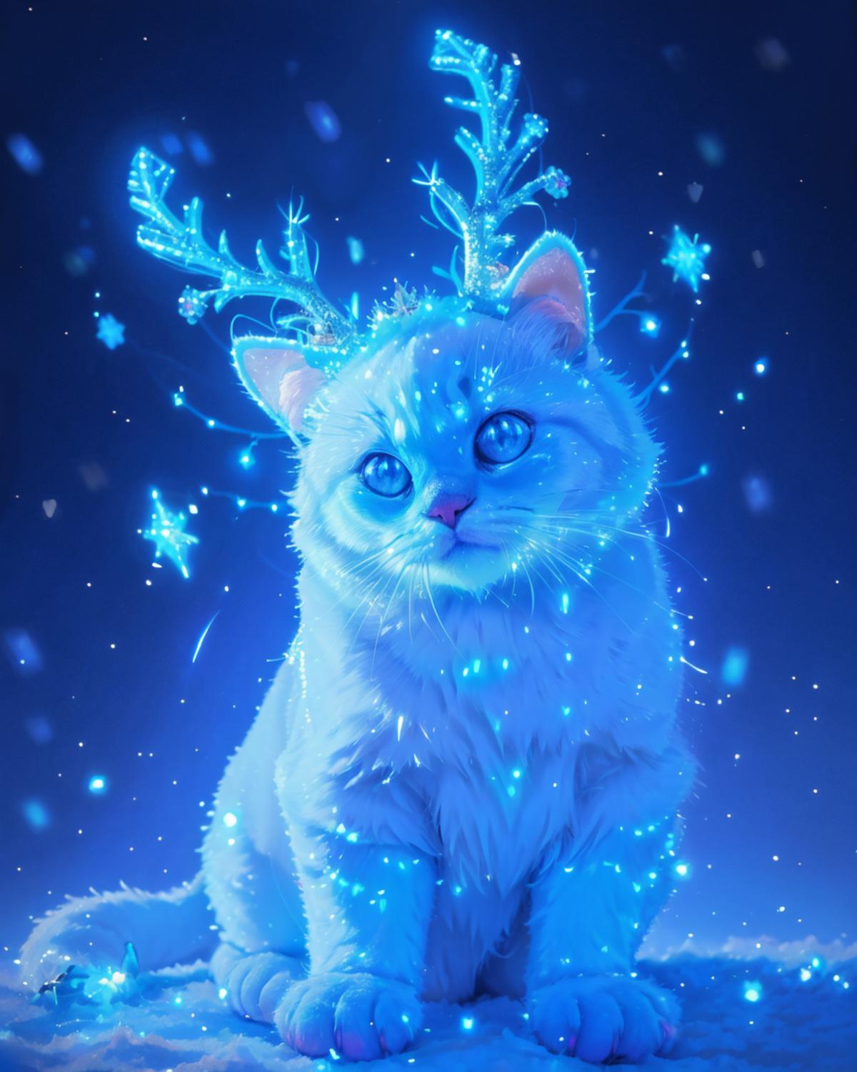 A white cat wearing a festive antlers hat and surrounded by blue sparkles.