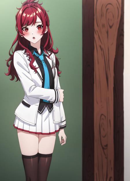 Kaede, blazer, blue necktie, blush, collared shirt, indoors, jacket, long hair, long sleeves, looking at viewer, necktie, open clothes, open jacket, open mouth, parted lips, red eyes, red hair, school uniform, shirt, short hair, skirt, white jacket, white skirt, 8k, masterpiece, trending on artstation, <lora:Masterpiace:0.7>,   <lora:Cheat_Skill_in_Another_World-Kaede:1>,