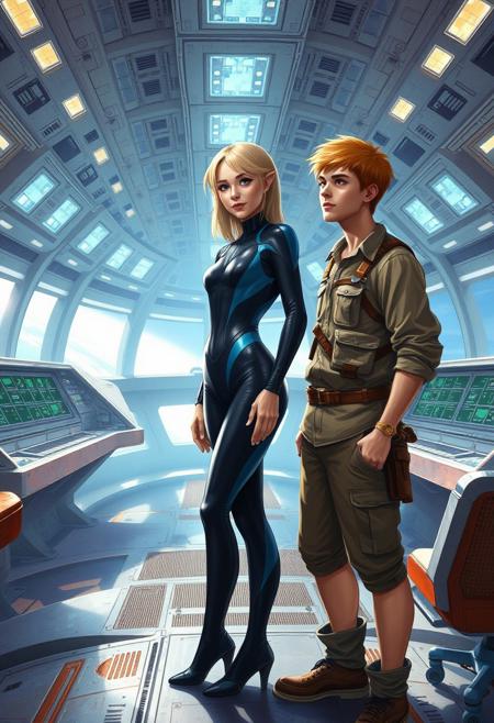 sci-fi style painting.
a teenage boy age 18 and a teenage girl age 18, stand side by side on the bridge of a large starship. The woman is wearing a tight black and blue bodysuit. She is fully clothed. She has blonde hair and fish gills on her neck. The man has blond hair and is wearing farmer clothing.
The bridge of the starship is large and light in color. There are at least 20 workstations to control and manage the starship