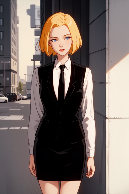 AgentL, 1girl, solo, blonde hair, short hair, blue eyes MIBSuit, jacket, necktie, shirt, pencilskirt VestSuit, vest, shirt, necktie, pencilskirt LabCoat, pencilskirt 1990s (style)