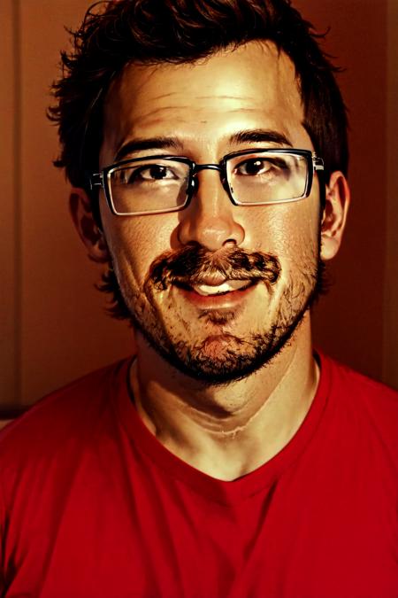 Markiplier, Mark Fischbach, ,1boy, facial hair, male focus, glasses, beard, smile, portrait, mustache, solo, <lyco:Markiplier:0.8>