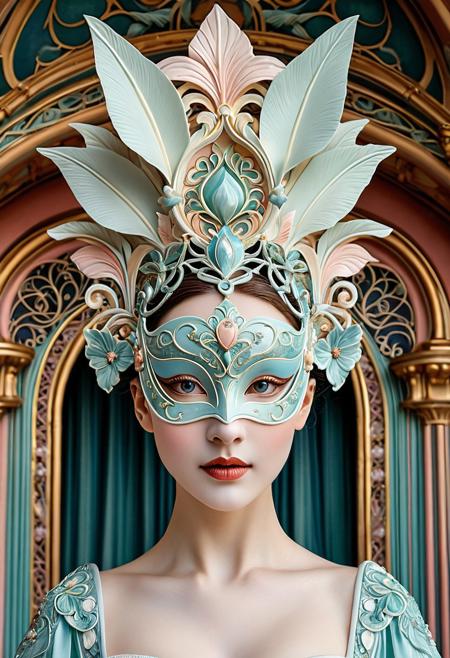 A woman with porcelain-like skin wearing an intricate mask, but her real face is barely visible underneath, art nouveau, theatrical elegance, detailed compositions, pastel color palette, intricate patterns, lyrical storytelling, historical themes, dreamlike scenery, ornate architecture, soft textures, whimsical atmosphere, ballet and stage design influences
+3.