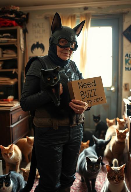 Closeup of old 77 year old Catwoman from batman movie in worn catsuit crafted from  thrash bags standing and holding chubby black cat in her dilapitated apartment, 30 different cats running around, sunlight coming from window, she is holding sign "need BUZZ to feed my cats"