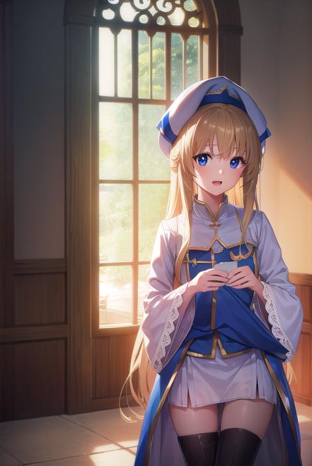 priestess, <lyco:priestess-lyco-nochekaiser:1>, 
priestess, blonde hair, blue eyes, long hair, hair between eyes, (small breast:1.2), smile, <lora:talkmouth_E_v100:1>, open mouth,
BREAK boots, dress, frilled sleeves, frills, hat, white headwear, pelvic curtain, high heels, robe, thigh boots, thighhighs, white thighhighs, long sleeves, puffy sleeves,
BREAK looking at viewer, (cowboy shot:1.5),
BREAK indoors, church,
BREAK <lyco:GoodHands-beta2:1>, (masterpiece:1.2), best quality, high resolution, unity 8k wallpaper, (illustration:0.8), (beautiful detailed eyes:1.6), extremely detailed face, perfect lighting, extremely detailed CG, (perfect hands, perfect anatomy),