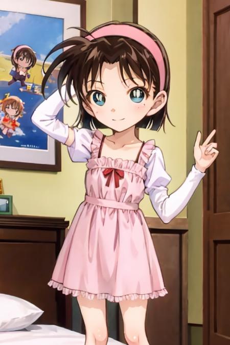 ayumiyoshida, child, blue eyes, short hair, brown hair, bangs, hairband, short dress, smile, standing, bedroom <lora:ayumi-v2:1>