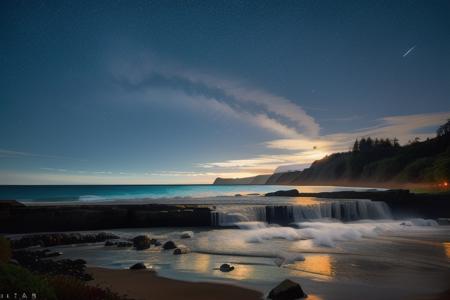 waterfall, night, beachside, ocean, moon, stars, mountains