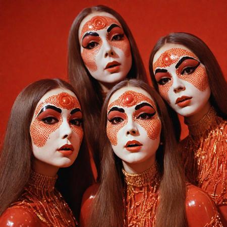 a surreal and movie still close-up-shot, a 1970s Sao Paulo Brazil Theater of the Absurd movement, three gorgeous long hair brunette dancers, wearing oversized exaggerated fake lips, made of bright red plastic, their bodies painted and beaded with whimsical colorful patterns, in a bizarre and hallucinogenic theatre set, dramatic surreal theatrical lighting, Leica M3, 50mm lens