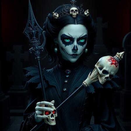 1girl, mysterious, hyper-realistic, despotically evil vampire queen, detailed argular scary face, goth sugar skull make up, jet black hair, black malachite crystal victorian dress with sharp jagged textures, Black Soul Gem Eyes, skull tiara with ebony accents, vampire fangs, glowing bioluminescent accents, holding scepter carved from bone with a red crystal skull on th end, haunting cemetery background, black glass floor, dim lighting, matte color tones, flat color style, horror fantasy, intricate details, cinematic shading, reij-blckprlglss, aidmaImageUpgrader