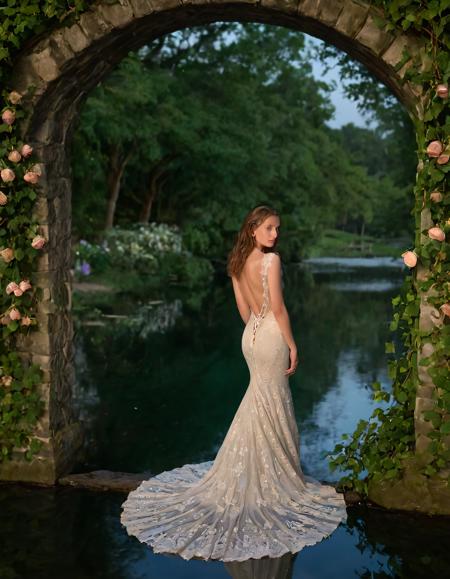 As twilight softens, Erika, with cascading waves down her back, stands poised in an antique ivy-covered stone bridge's delicate archway over a tranquil moonlit lake, gown of emerald green and intricate lace detailing fluttering around her slender form, sapphire eyes reflect shimmering surface of water as she gazes out wistfully intodistance, hand delicately cradling rose-gold pocket watch amidst blooms of oldfashioned garden's vibrant roses and earthy scents, candle nestled amidst blooms, flickers softly. <lora:gxkotj18fc16bac32ma18:1>