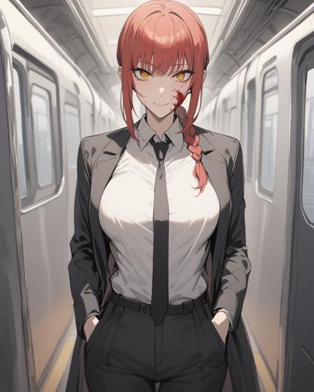 <lora:makima_lokr_sdxl_1200:1>,1girl, solo, long hair, breasts, looking at viewer, smile, bangs, shirt, closed mouth, standing, jacket, yellow eyes, white shirt, braid, sidelocks, red hair, necktie, collared shirt, pants, indoors, coat, black jacket, blood, black pants, formal, suit, black necktie, braided ponytail, black coat, blood on face, shirt tucked in, blood on clothes, ringed eyes, blood splatter, train interior, masterpiece, best quality