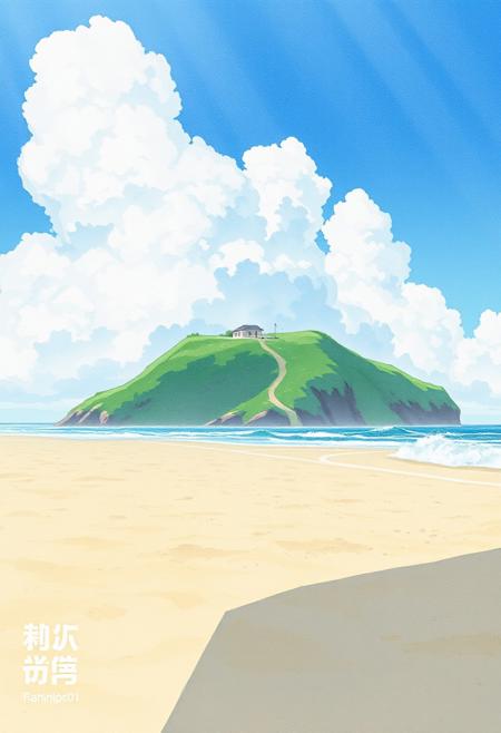 zPDXL3, rating_explicit, source_anime, masterpiece, high quality, BREAK <lora:age_slider_v4:4>,detailed_background,indoors,obanyaki,watercolor \(medium\),beach,traditional media,sand,cloudy sky,day,hill,no humans,morning,sky,absurdres,waves,landscape,sunlight,cloud,highres,painting \(medium\),shore,blue sky,shadow