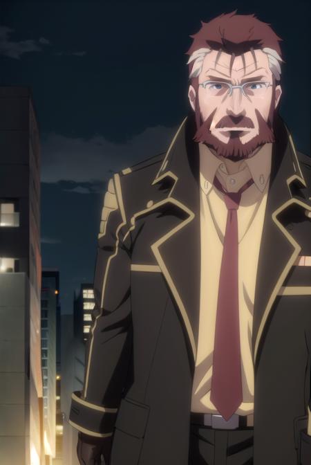 blitztalker, <lora:blitz talker s1-lora-nochekaiser:1>,
blitz talker, brown hair, male focus, red hair, multicolored hair, facial hair, scar, (black eyes:1.5), beard, glasses,
BREAK shirt, gloves, necktie, black gloves, coat, yellow shirt,
BREAK outdoor, city, night, sky, buildings, moon, clouds,
BREAK looking at viewer, (cowboy shot:1.5),
BREAK <lyco:GoodHands-beta2:1>, (masterpiece:1.2), best quality, high resolution, unity 8k wallpaper, (illustration:0.8), (beautiful detailed eyes:1.6), extremely detailed face, perfect lighting, extremely detailed CG, (perfect hands, perfect anatomy),