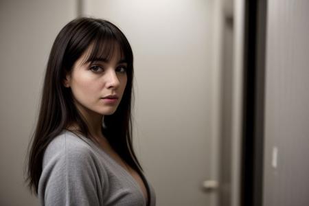 latina woman,  40 years old, pale skin, few wrinkles,  cute face, puppy face, dark hair in a bun with short bangs, short height ,petite ,opened grey short bathrobe, huge boobs hanging out, seductive look, black eyeliner, flirty look, block hallway, no bra, sneaky shot, side view, model looking at the camera seductive, model fits in the shot
