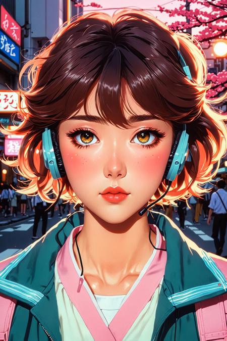 masterpiece, best quality, retro anime style, 1980s anime aesthetic, cel shading, soft vintage color palette, big expressive eyes, dramatic sunset lighting, Tokyo street with neon lights, school uniform (retro), windblown hair, walkman headphones, sakura petals, film grain, anime screencap, cinematic frame, by Haruhiko Mikimoto, by Akemi Takada