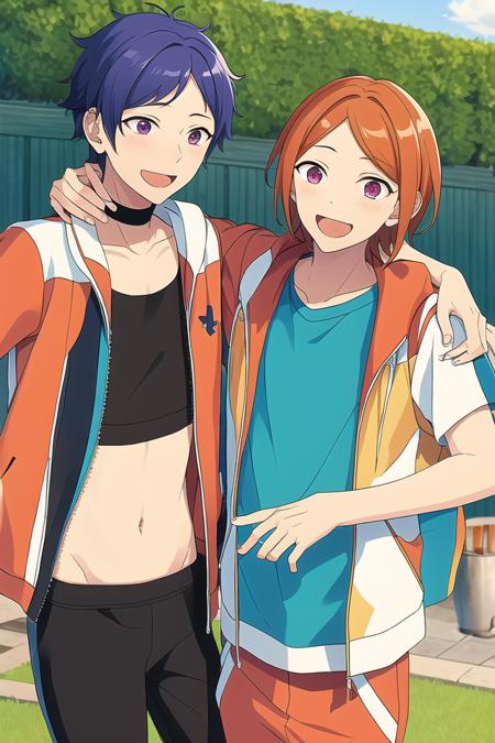 masterpiece, best quality, absurdres, cute, ultra-detailed, perfect anatomy, <lora:ensemble stars-000050:0.6>, outdoors, ensemble stars, 3boys, aoi hinata, aoi yuta, fushimi yuzuru