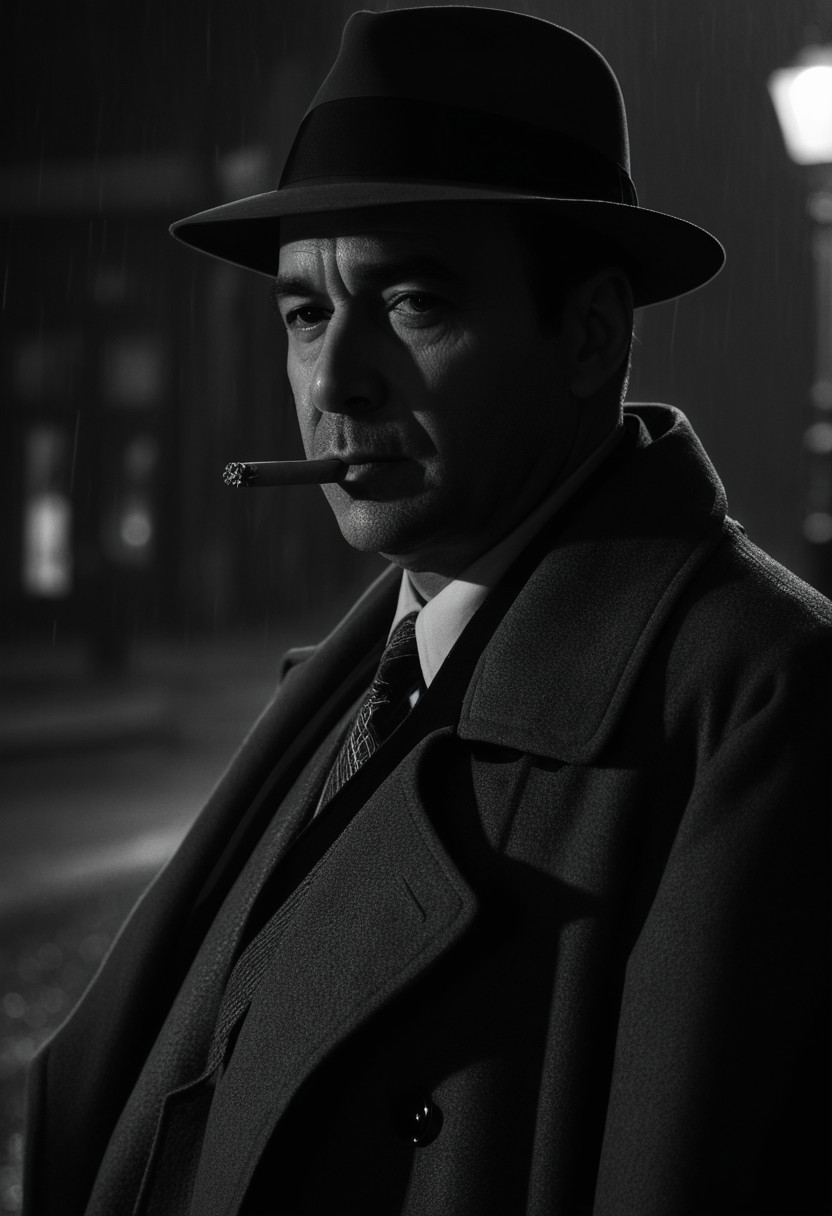 Detective,  midshot, cinematic portrait, fedora, rainy streets, deep shadows, (cigarette held in lips,) trench coat, mobsters, (((tommy gun in hand))), film noir,