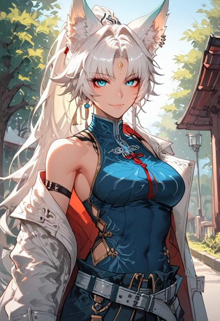 score_9, score_8_up, score_8, (Nagasawa Rosetsu style), (Yi yaegwan style), Digital painting style visual effects, OverallDetail, Expressiveh, MythAn1m3, solo, dnd, BREAK (1woman: Feixiao, fox ears, long hair, ponytail, gradient hair, white hair, blue eyes, mature female, medium perky breasts), BREAK forehead jewel, ear piercing, hair ornament, BREAK outdoor, in park, standing, dynamic pose, looking at viewer