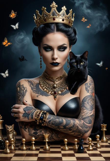 The image depicts a surreal and dramatic scene featuring a womanwith big breasts with intricate tattoos and a crown, sitting at a chessboard. She is adorned with numerous bracelets and a necklace, and her hair is styled in an elegant updo. The woman is holding a black cat on her finger, which is adorned with a similar black cat. The chessboard is set against a dark background, with light illuminating the scene, creating a dramatic and mystical atmosphere. The woman's face is adorned with black makeup, and she is surrounded by butterflies and other fantastical elements, adding to the surreal quality of the image. highly detailed and hyper realistic photo, by Alena Aenami , by Archibald Thorburn , by Daniele Afferni , limited dark palette, unusual dark colors, faded colors, atmospheric haze, highly dramatic cinematic lighting, motion blur, film grain,  professional, excellent composition, finest details, maximized details, ultimate detail level, masterpiece, best quality
