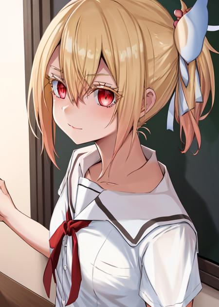 <lora:Fuyou_Yuuna-10:0.8>,Fuyou_Yuuna, 1girl, solo, blonde hair, hair ornament,red eyes,thick eyelashes, hair between eyes,school uniform,hair ribbon,white shirt, short sleeves, serafuku, side ponytail, red ribbon, neck ribbon,white ribbon,