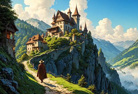 A breathtaking fantasy landscape featuring a medieval house perched precariously atop a towering rocky cliff. The house is an old, wooden and stone structure with steep, pointed roofs, balconies, and chimneys, giving it a whimsical, fairytale-like appearance. Below, a lone traveler wearing a brown cloak and wide-brimmed hat walks along a winding mountain path, gazing up at the house. The lush, green hillside is dotted with trees and deer grazing in the distance. In the background, a majestic castle with towering spires rises over the valley, partially obscured by mist. The sky is a brilliant blue with fluffy white clouds, and the entire scene is painted in a semi-realistic, hand-drawn fantasy illustration style reminiscent of classic storybook art. The lighting is warm and golden, creating a dreamy, enchanted atmosphere. , anime, cyberpunk