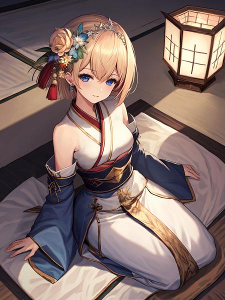 masterpiece,best quality,highres,cinematic lighting,dramatic angle,<lora:ShadowverseAureliaV2:0.8> ,blonde hair,hairband,hair ornament,hair flower,japanese clothes,bare shoulders,detached sleeves,wide sleeves,portrait,close-up,tabi,sandals,sash,looking at viewer,smile,blue eyes,parted lips,sitting,from above,teacup,seiza,tatami,bare legs out,thick thighs,blush,shy